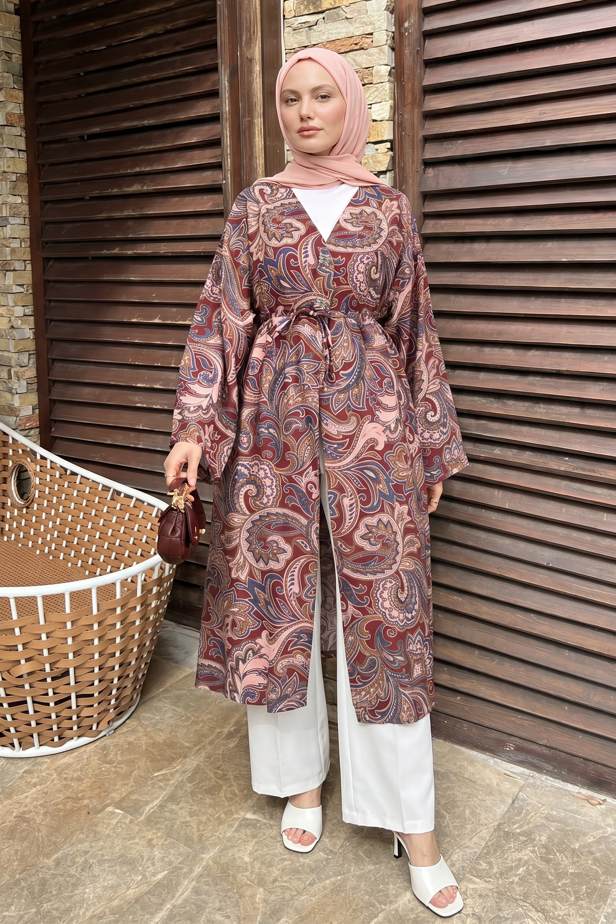 Etnik Desen Düğmeli Kimono Y0127 - BORDO |  