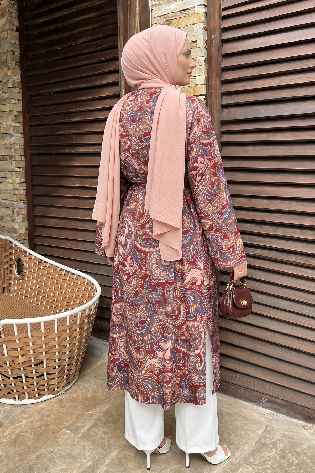 Etnik Desen Düğmeli Kimono Y0127 - BORDO |  