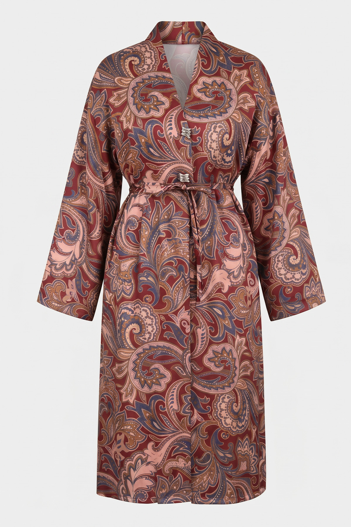 Etnik Desen Düğmeli Kimono Y0127 - BORDO |  