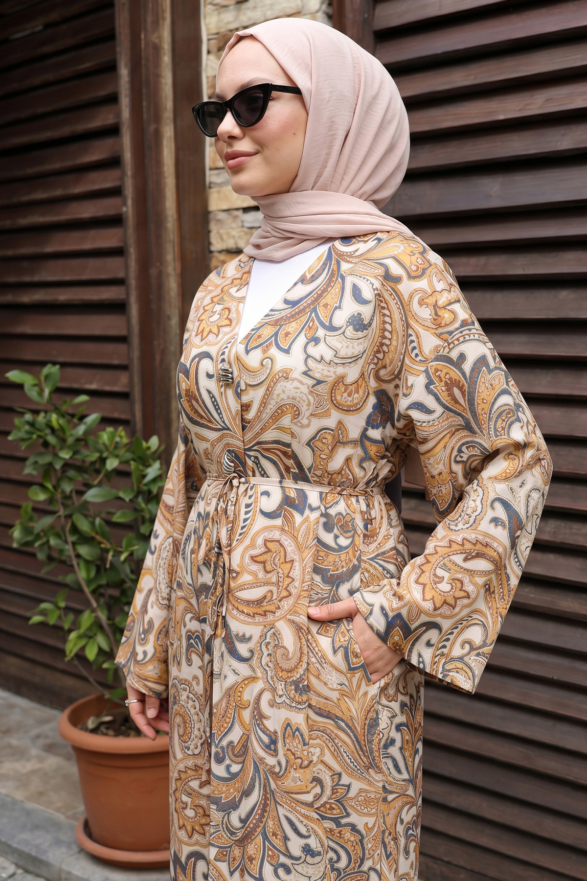 Etnik Desen Düğmeli Kimono Y0127 - KREM |  