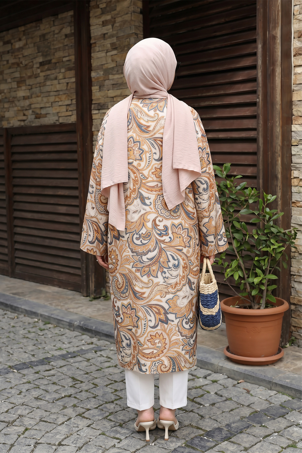 Etnik Desen Düğmeli Kimono Y0127 - KREM |  