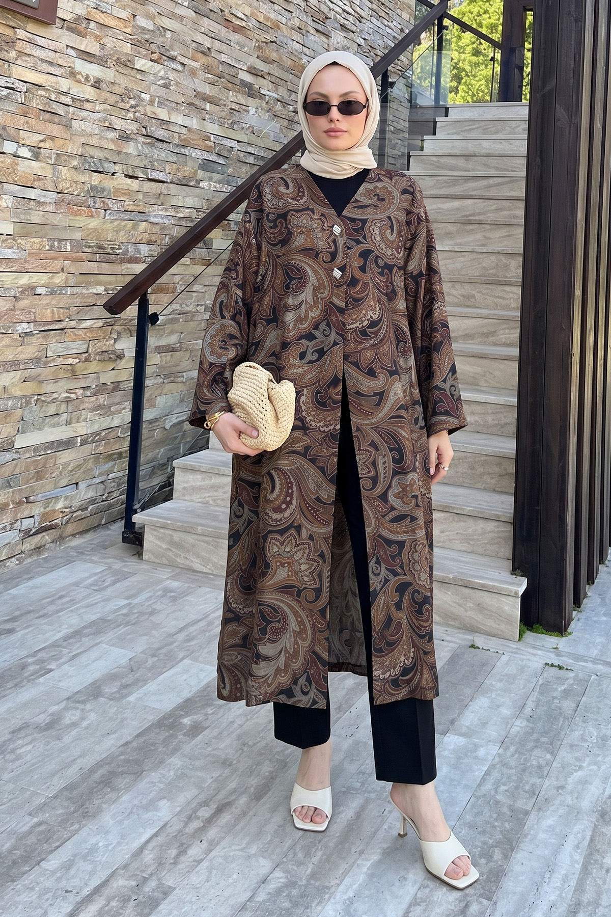 Etnik Desen Düğmeli Kimono Y0127 - KAHVE |  