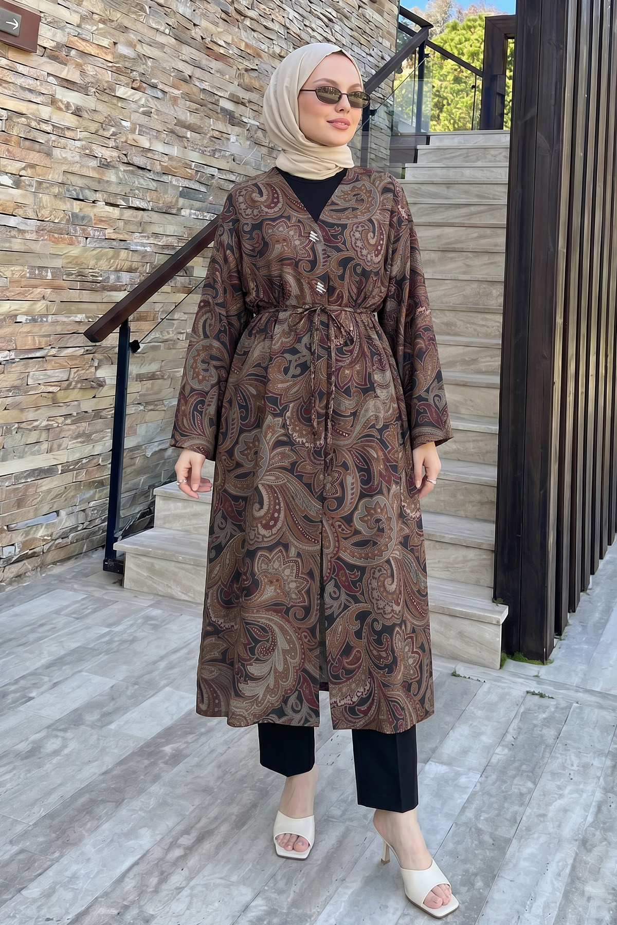 Etnik Desen Düğmeli Kimono Y0127 - KAHVE |  