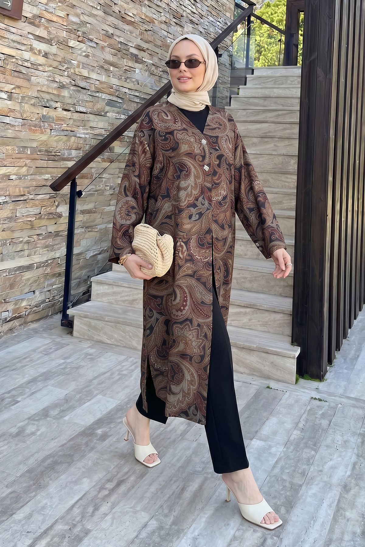 Etnik Desen Düğmeli Kimono Y0127 - KAHVE |  