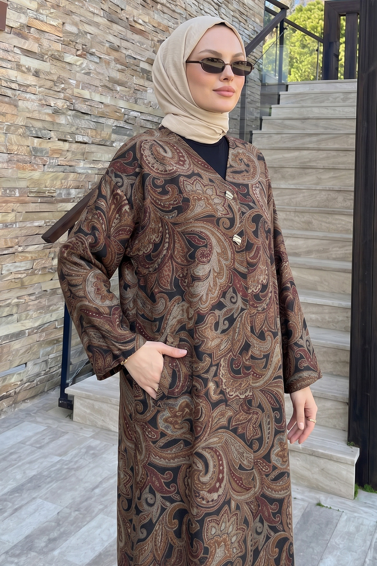 Etnik Desen Düğmeli Kimono Y0127 - KAHVE |  