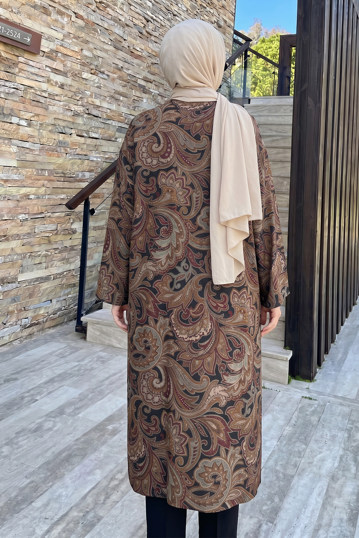Etnik Desen Düğmeli Kimono Y0127 - KAHVE |  