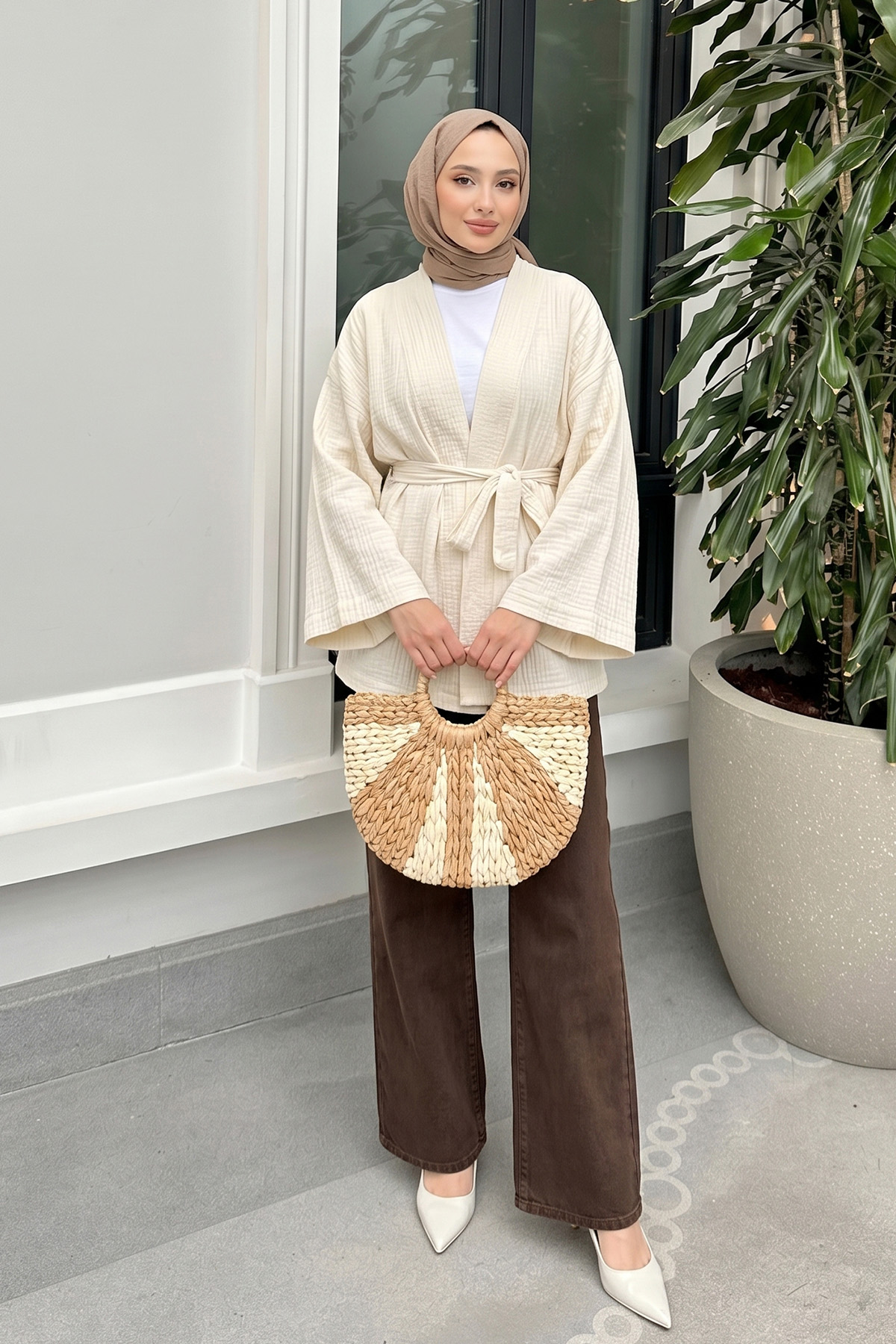 Kuşak Detaylı Bürümcük Kimono 2377 - KREM |  