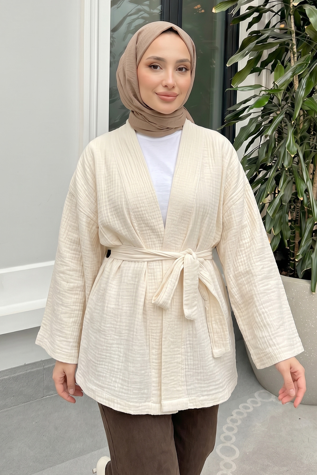 Kuşak Detaylı Bürümcük Kimono 2377 - KREM |  