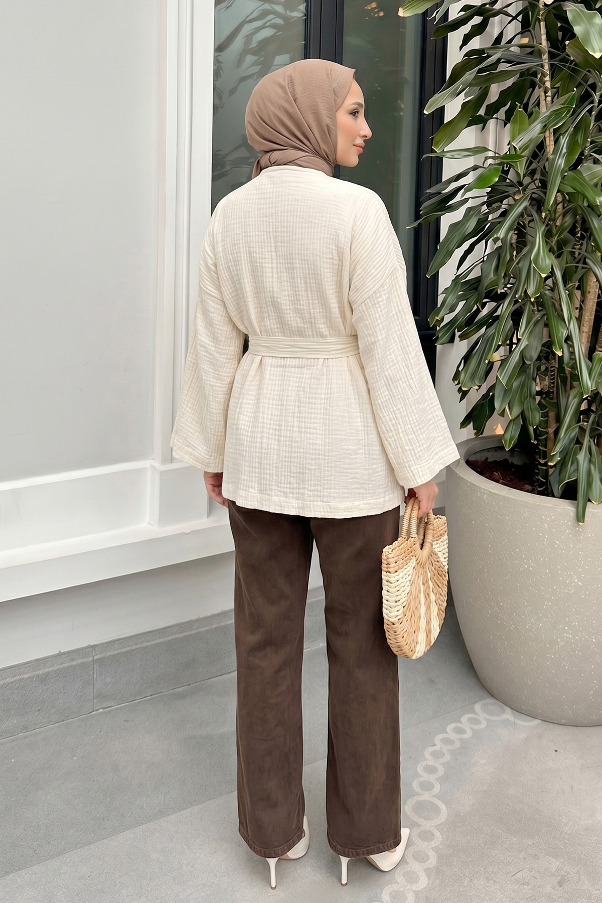 Kuşak Detaylı Bürümcük Kimono 2377 - KREM |  
