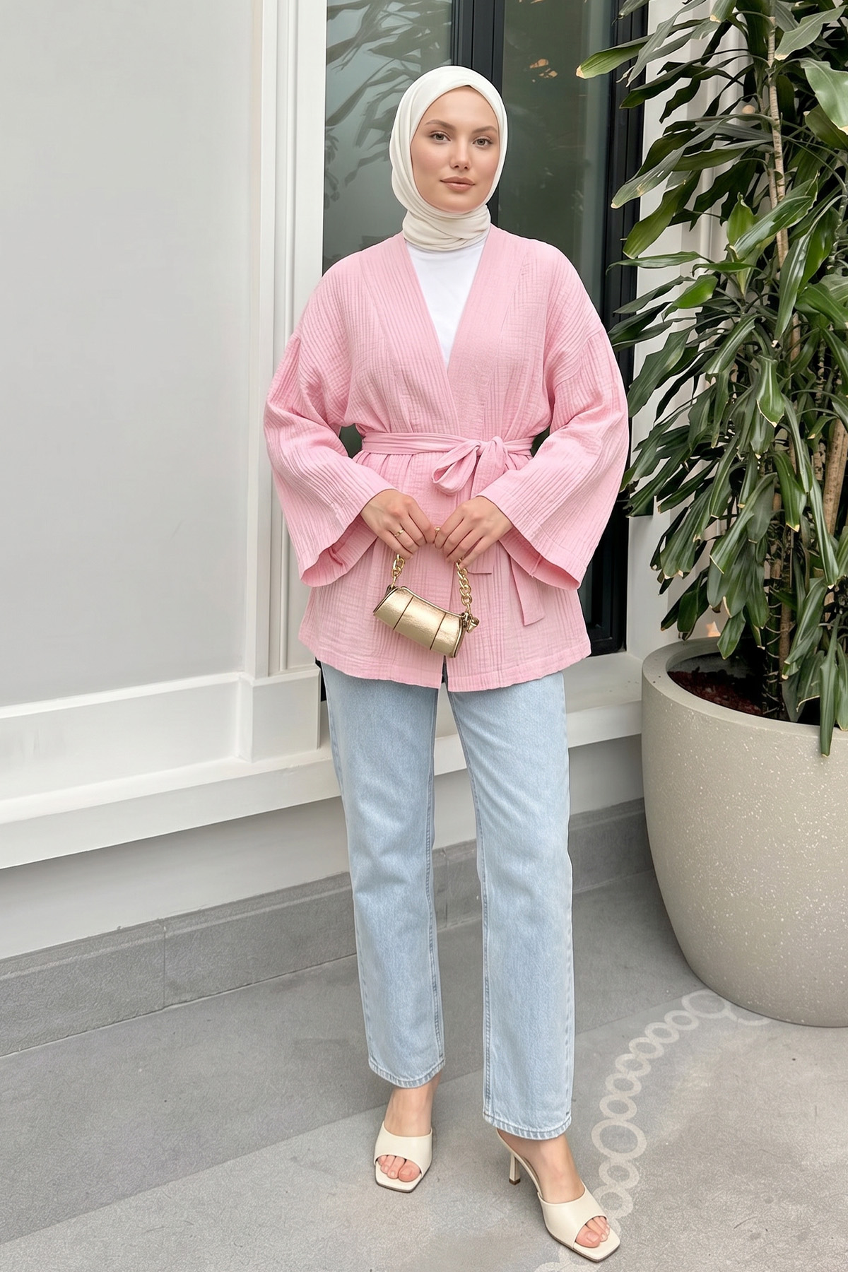 Kuşak Detaylı Bürümcük Kimono 2377 - PEMBE |  