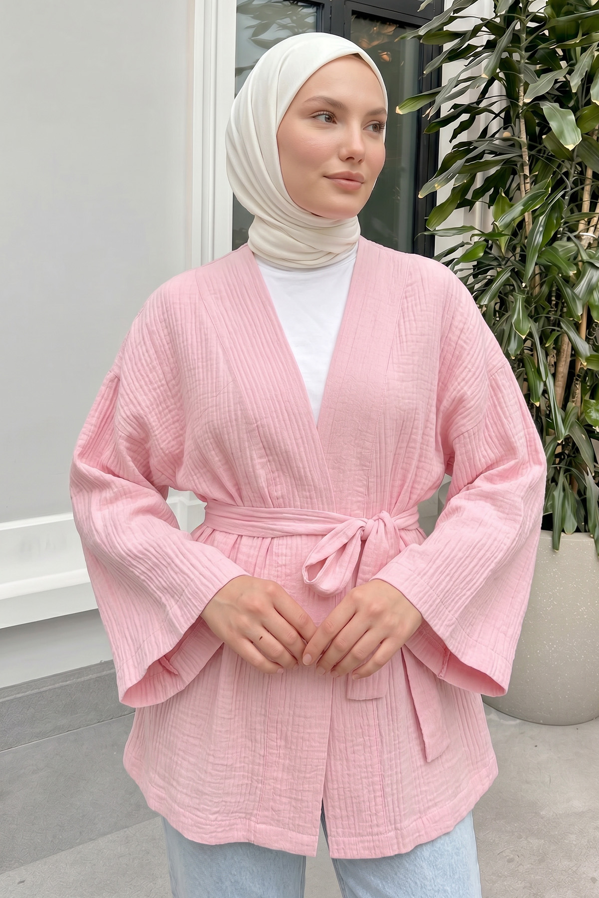 Kuşak Detaylı Bürümcük Kimono 2377 - PEMBE |  