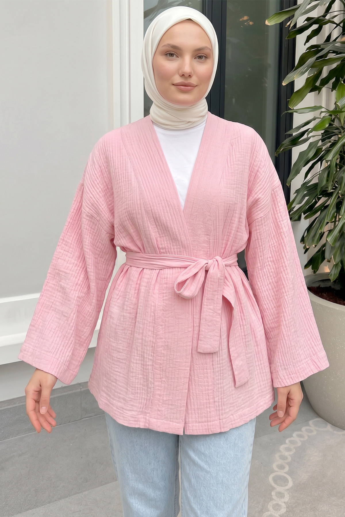 Kuşak Detaylı Bürümcük Kimono 2377 - PEMBE |  