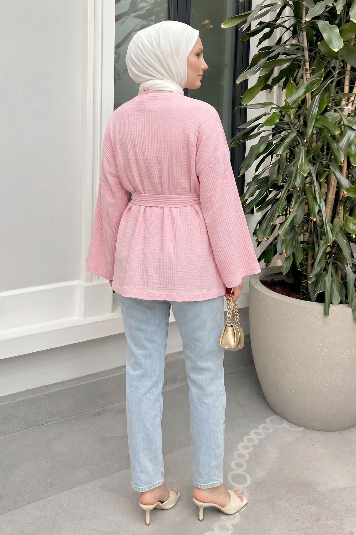Kuşak Detaylı Bürümcük Kimono 2377 - PEMBE |  
