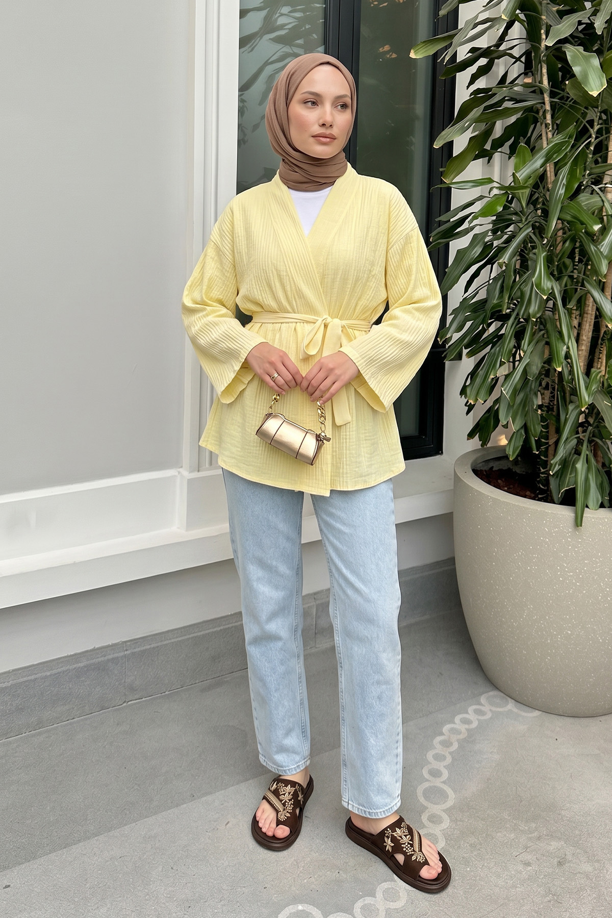 Kuşak Detaylı Bürümcük Kimono 2377 - SARI |  