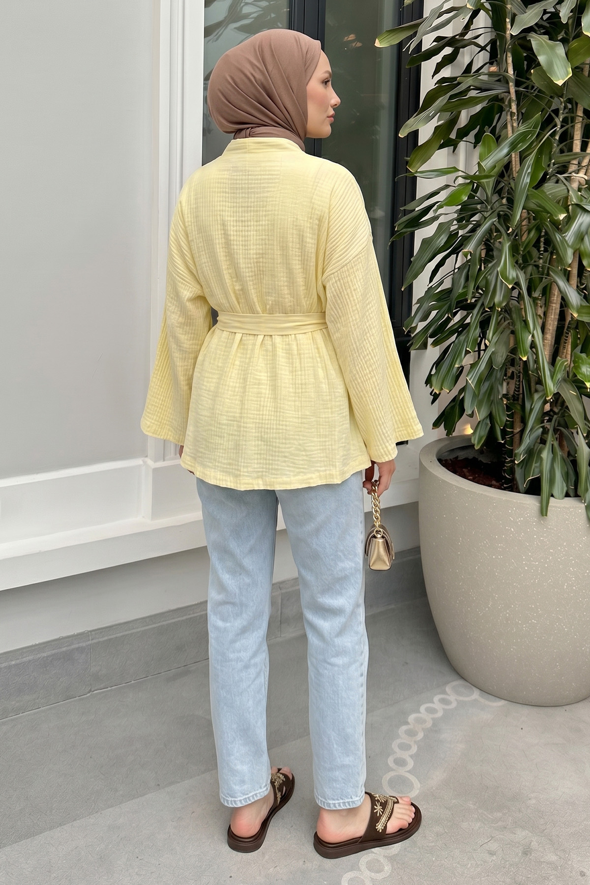 Kuşak Detaylı Bürümcük Kimono 2377 - SARI |  