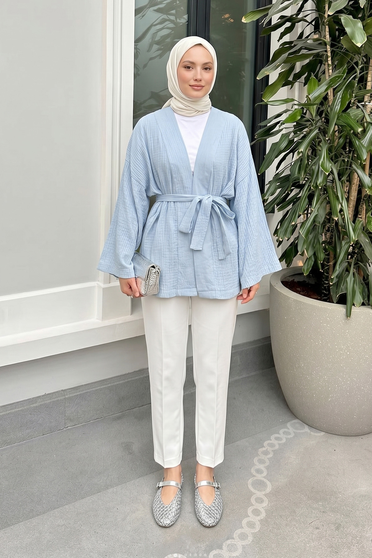 Kuşak Detaylı Bürümcük Kimono 2377 - BEBE MAVİSİ |  