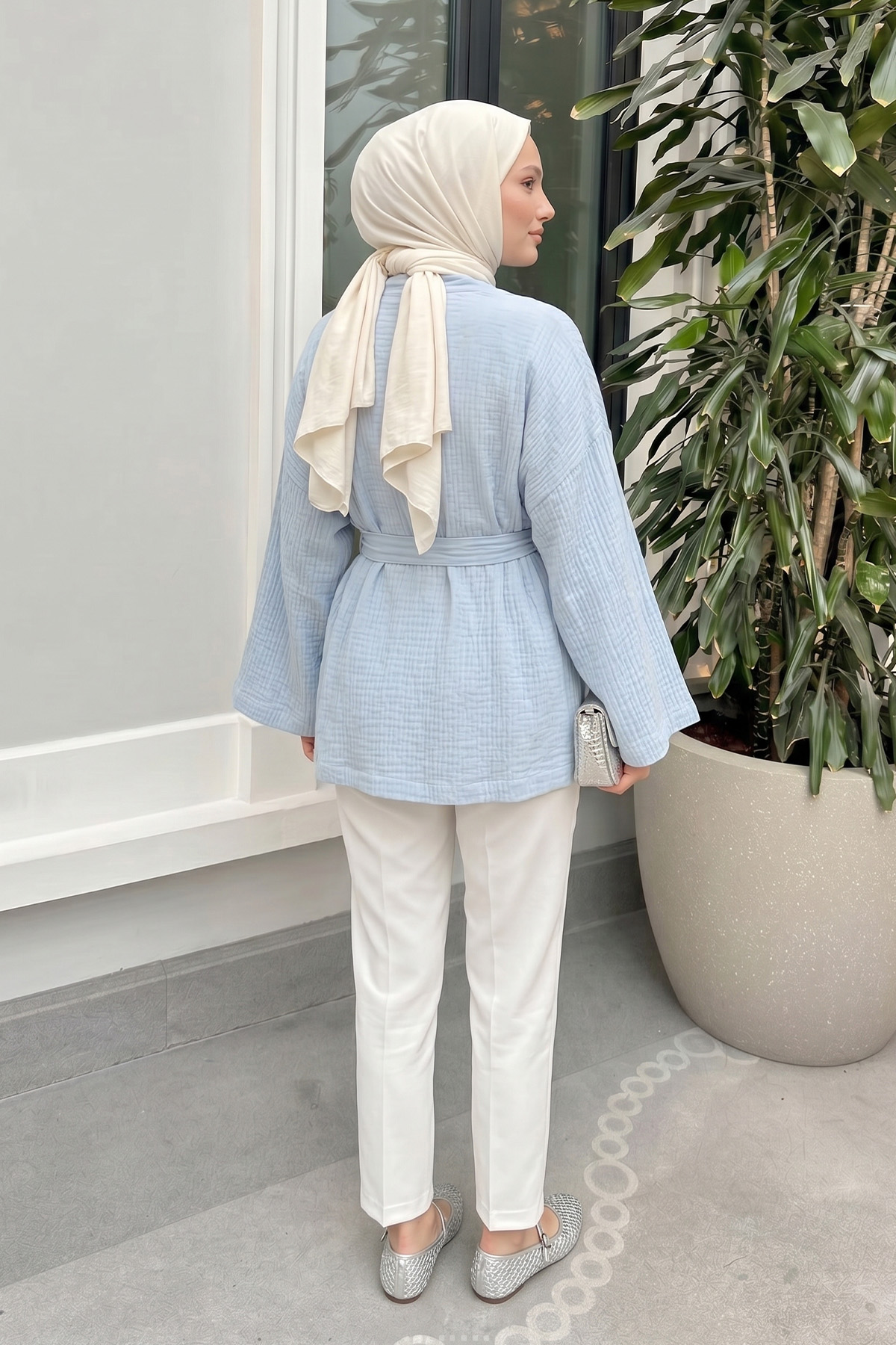 Kuşak Detaylı Bürümcük Kimono 2377 - BEBE MAVİSİ |  