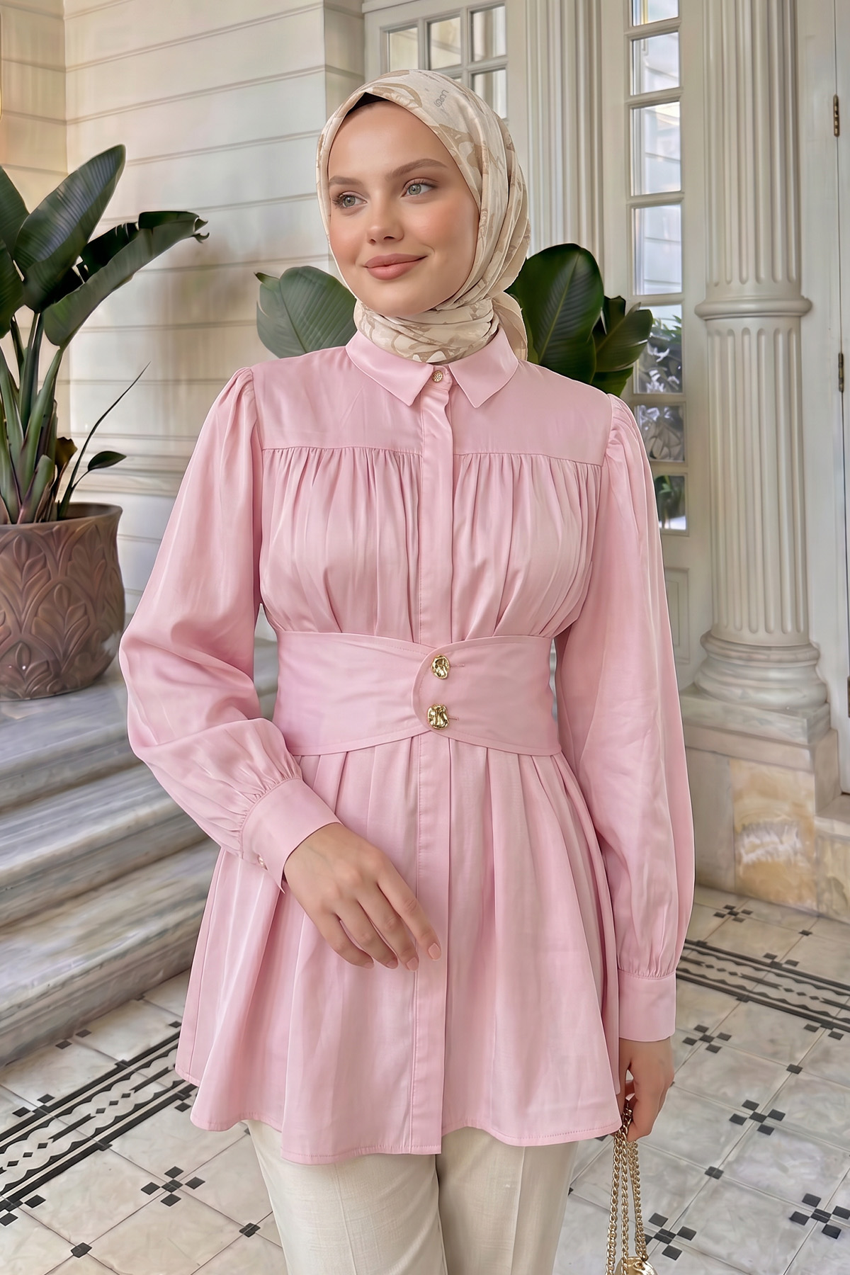 Geniş Kemerli Gömlek Y0134 - PEMBE |  