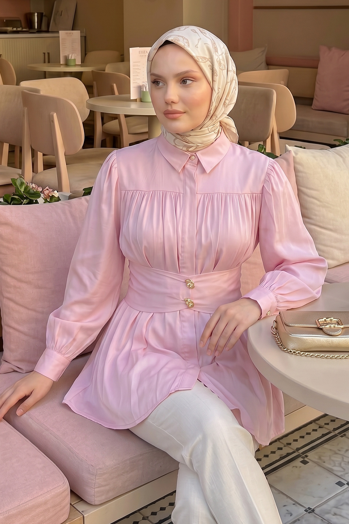 Geniş Kemerli Gömlek Y0134 - PEMBE |  
