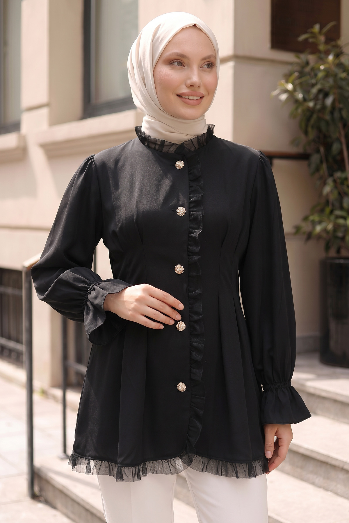 Tül Detaylı Tunik Y0078 - SİYAH |  