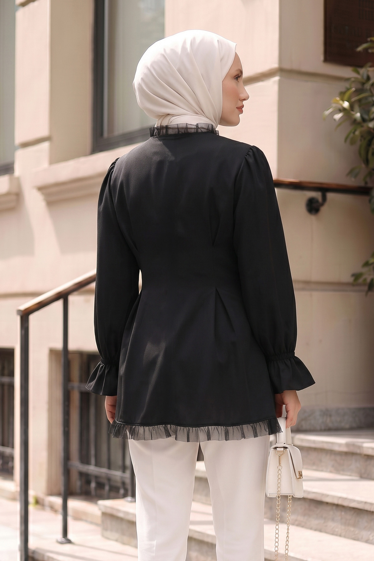Tül Detaylı Tunik Y0078 - SİYAH |  