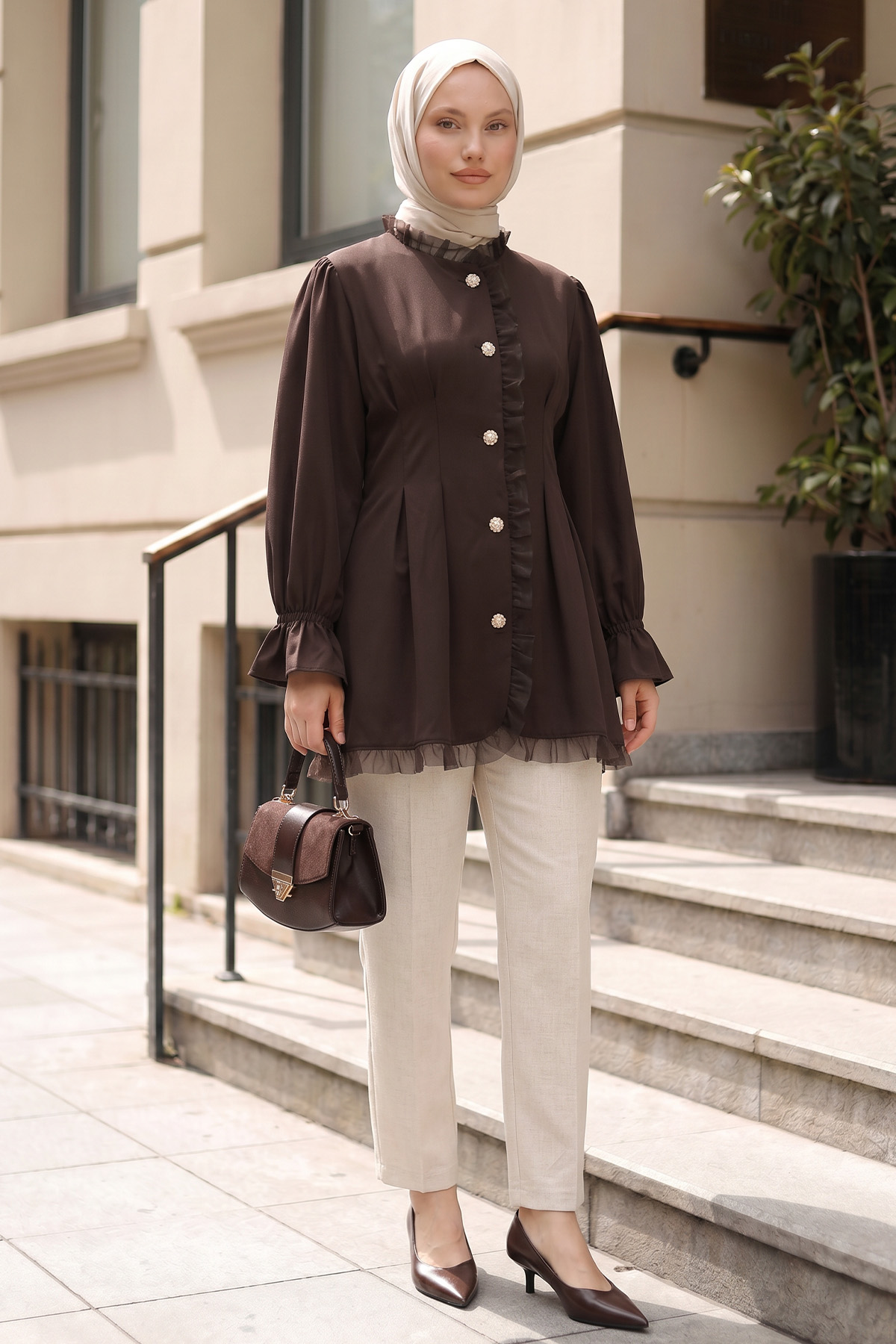 Tül Detaylı Tunik Y0078 - KAHVE |  