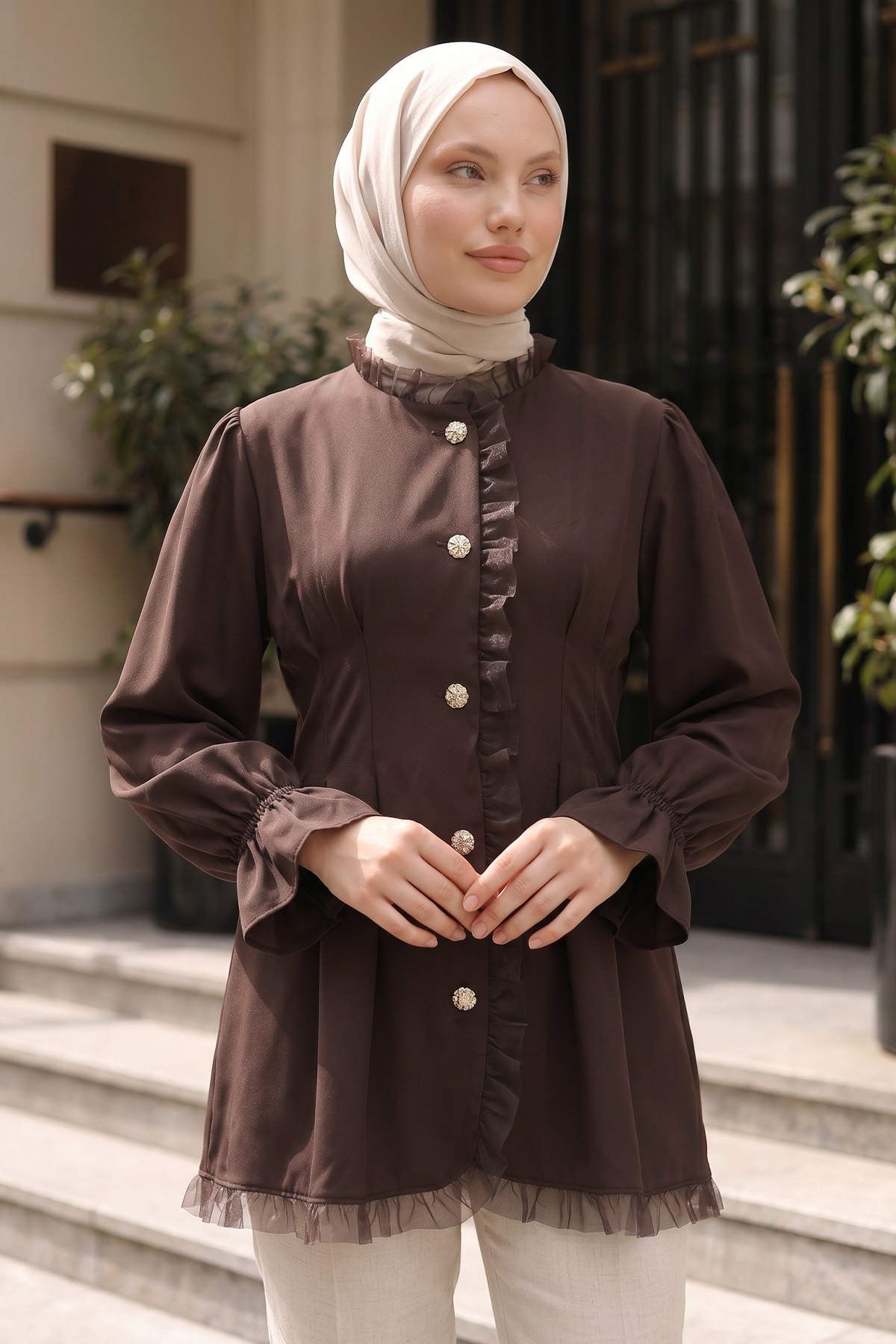 Tül Detaylı Tunik Y0078 - KAHVE |  