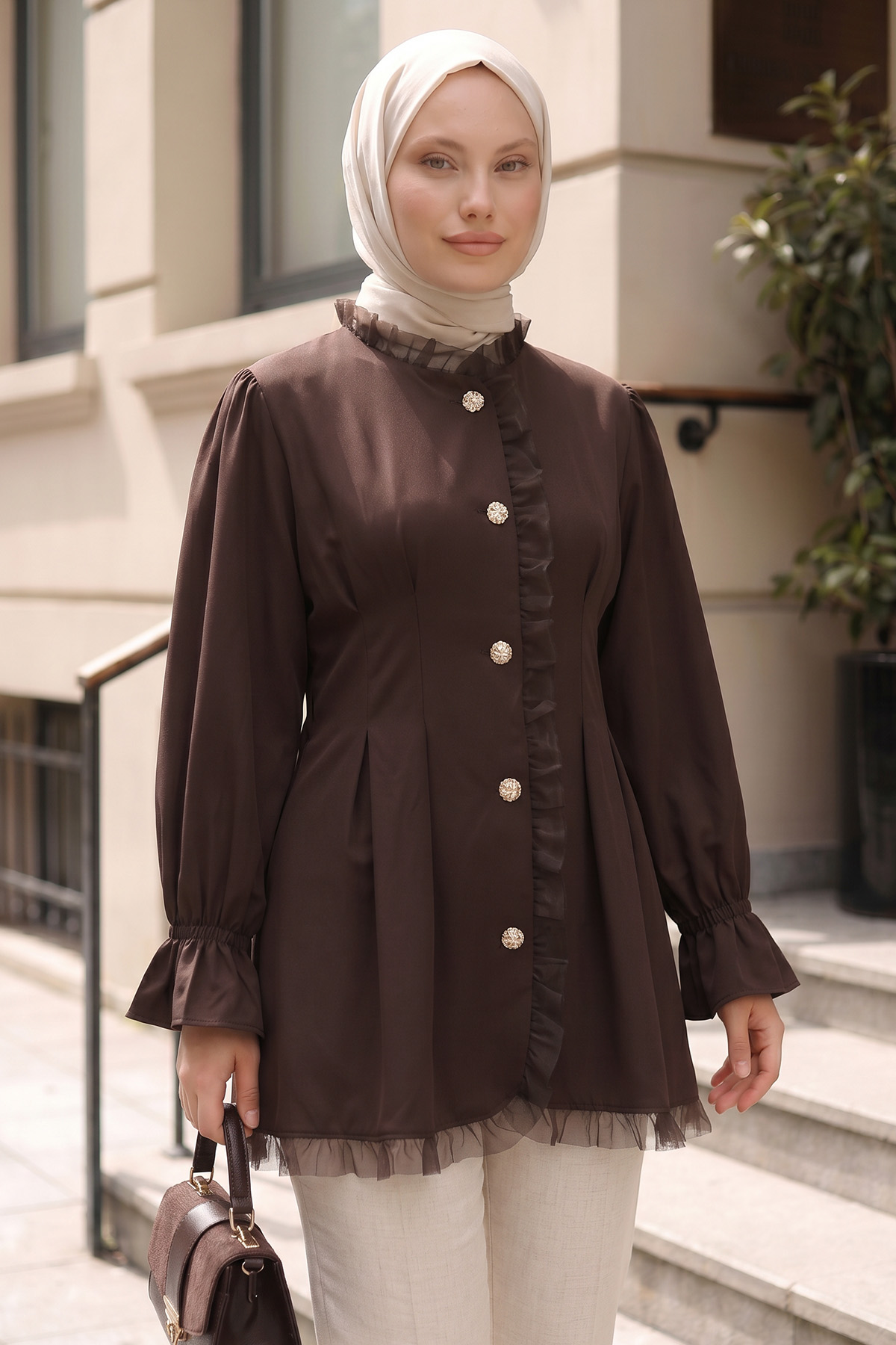 Tül Detaylı Tunik Y0078 - KAHVE |  