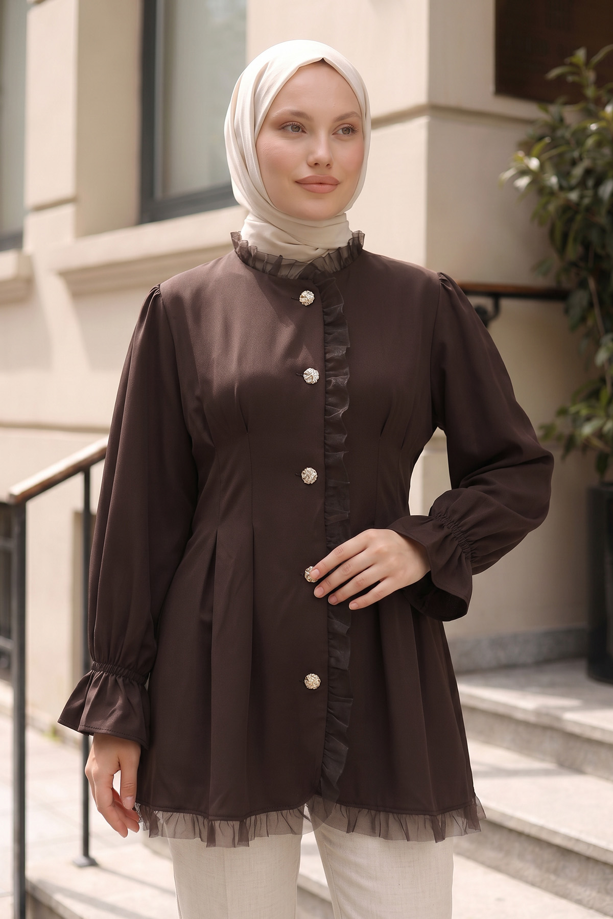 Tül Detaylı Tunik Y0078 - KAHVE |  