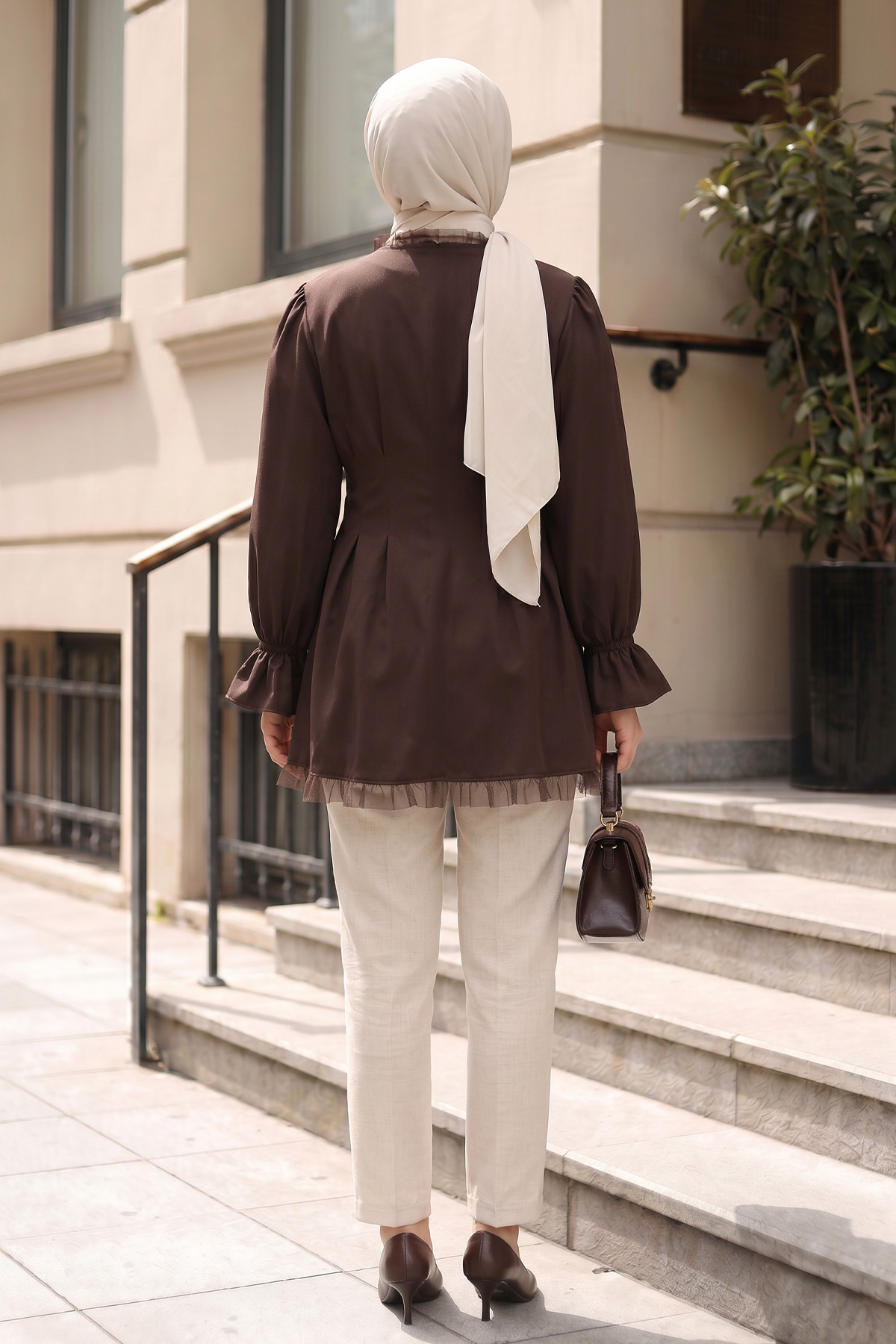 Tül Detaylı Tunik Y0078 - KAHVE |  