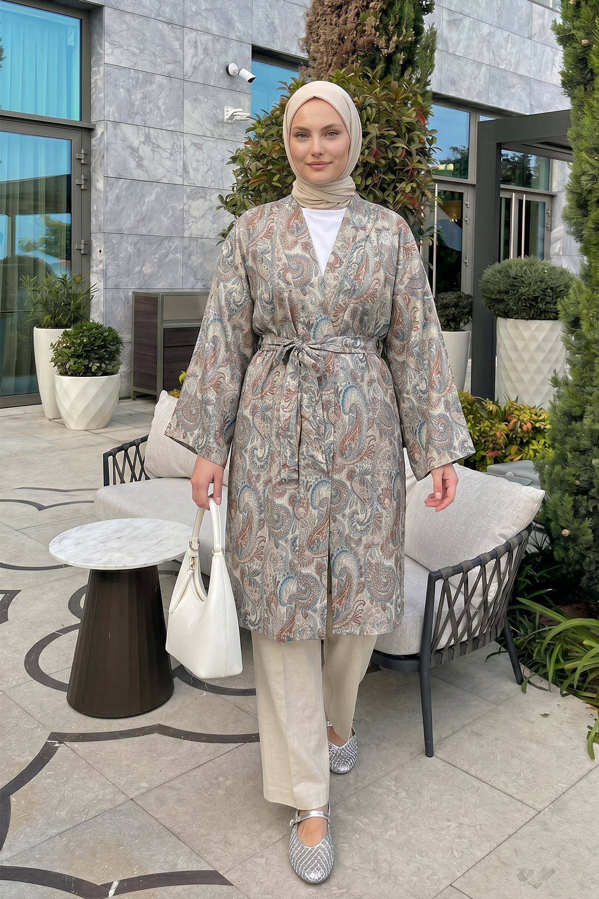 Şal Desenli Uzun Kimono 2397 - BEJ |  