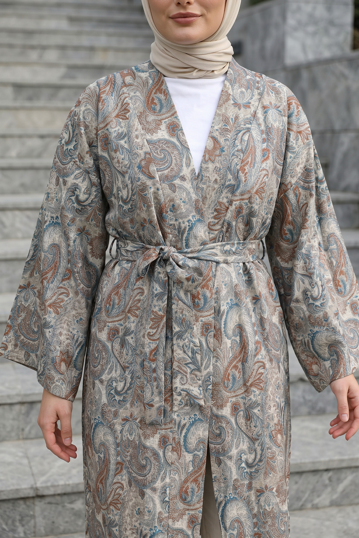 Şal Desenli Uzun Kimono 2397 - BEJ |  