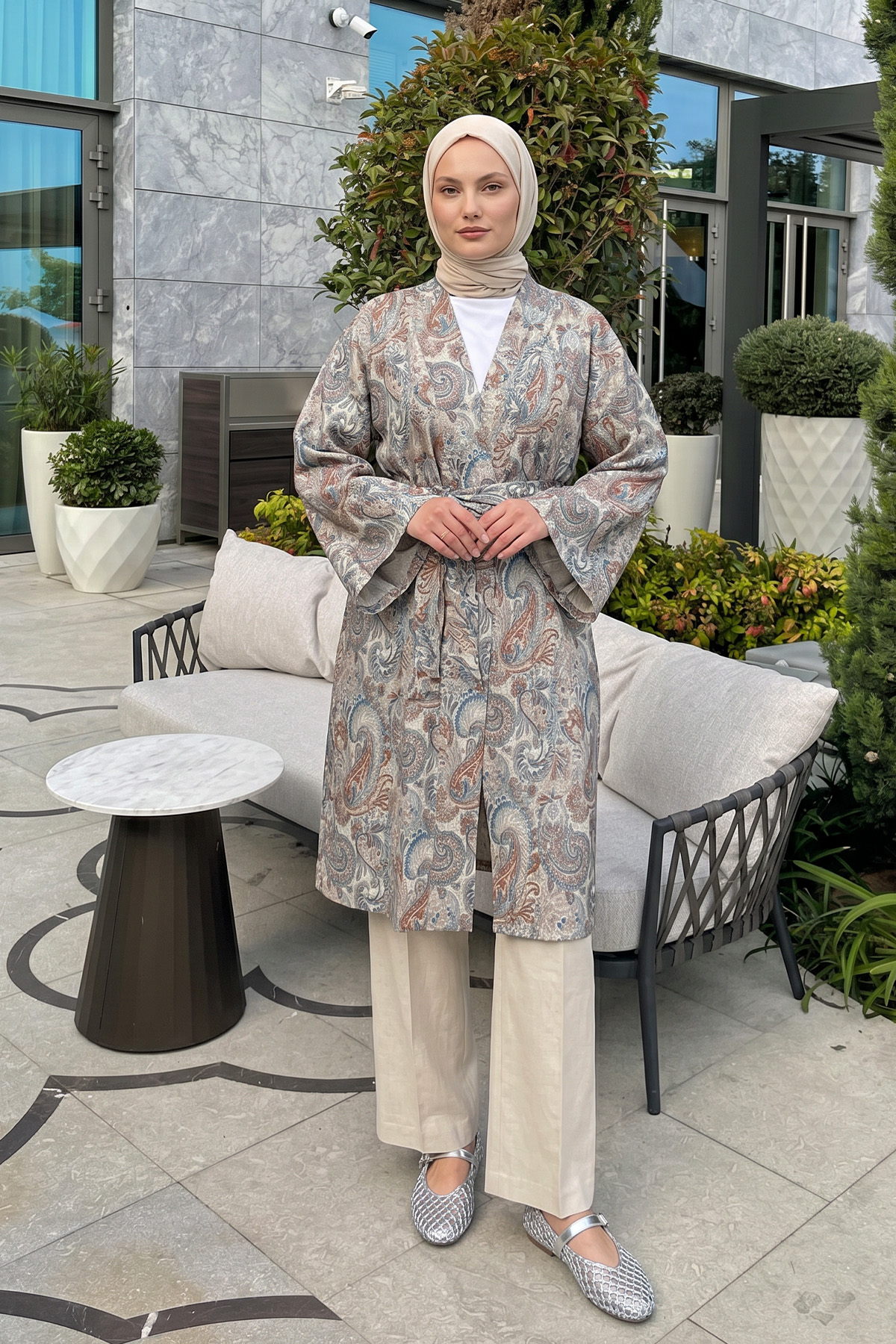 Şal Desenli Uzun Kimono 2397 - BEJ |  