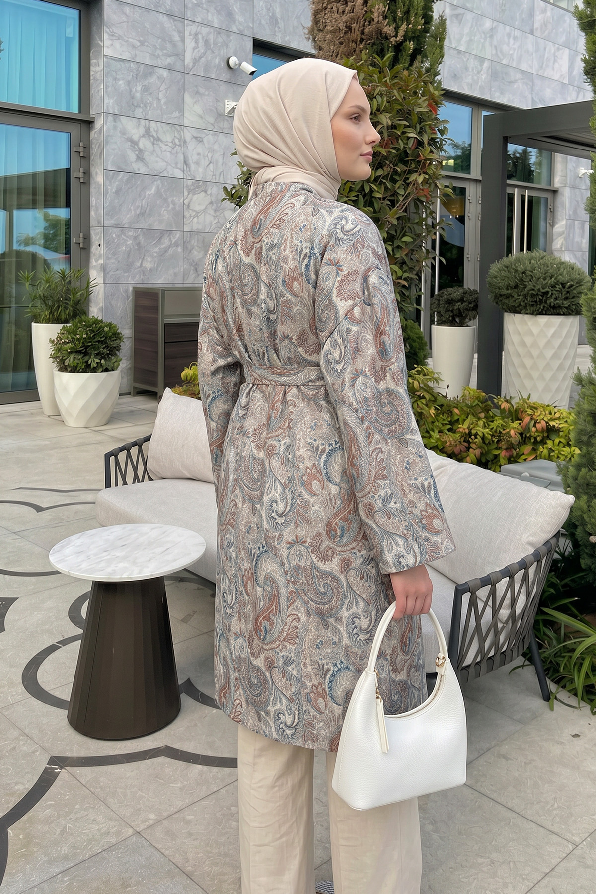 Şal Desenli Uzun Kimono 2397 - BEJ |  