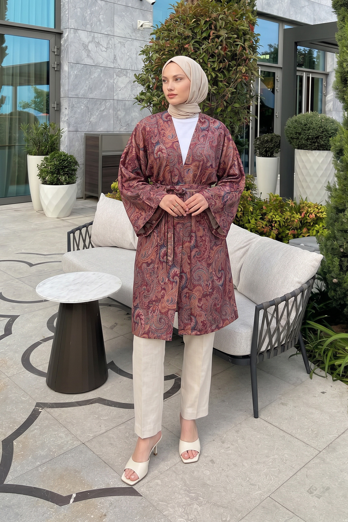 Şal Desenli Uzun Kimono 2397 - MÜRDÜM |  