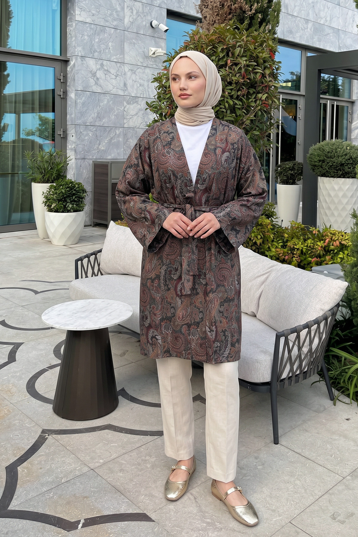 Şal Desenli Uzun Kimono 2397 - KAHVE |  