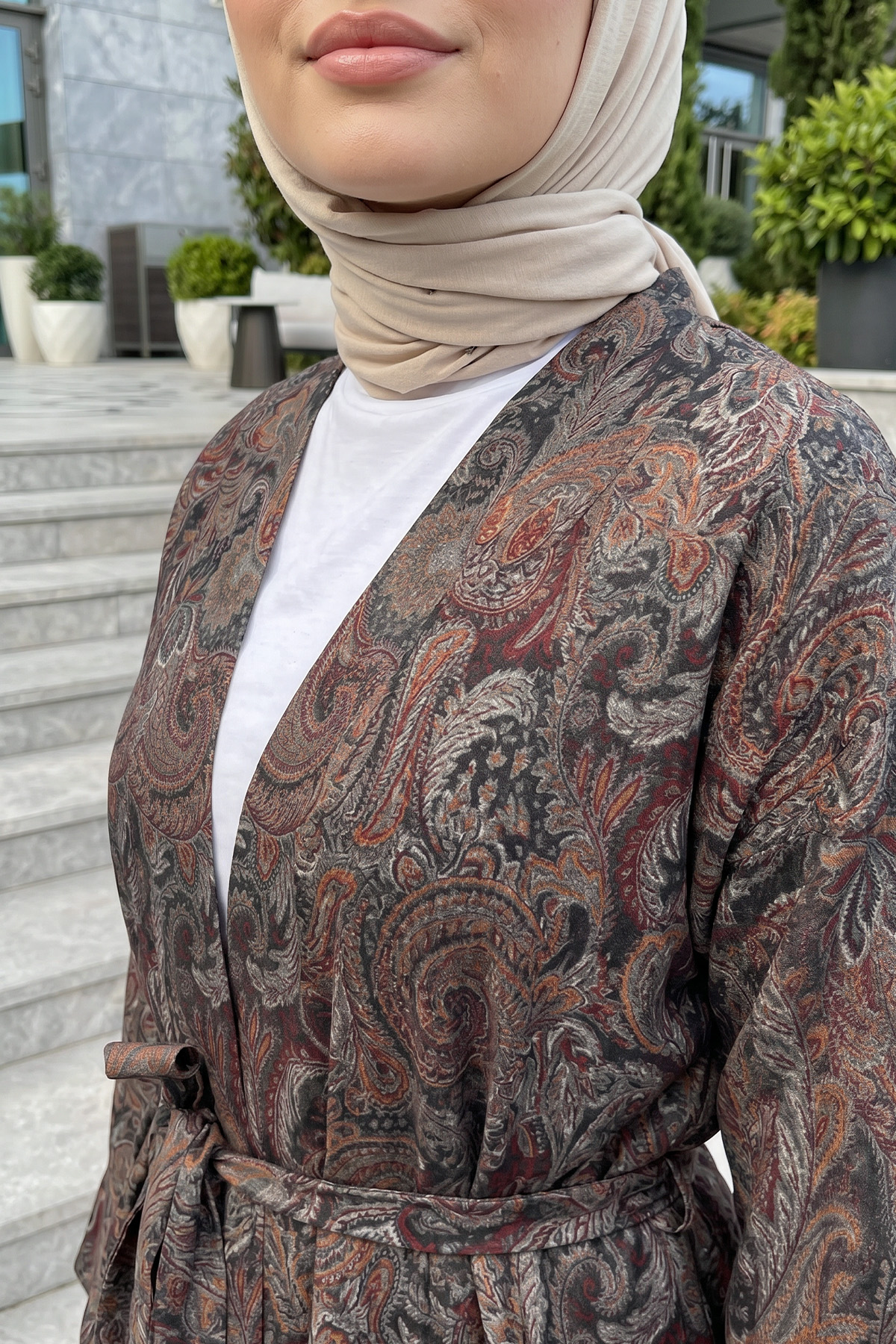 Şal Desenli Uzun Kimono 2397 - KAHVE |  