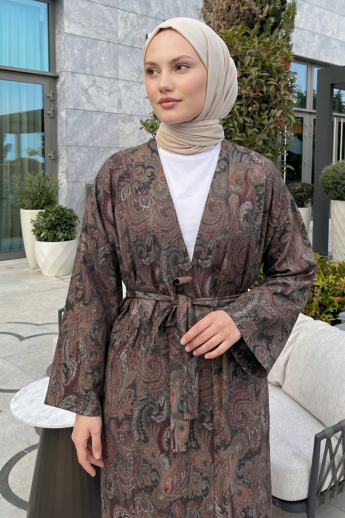 Şal Desenli Uzun Kimono 2397 - KAHVE |  