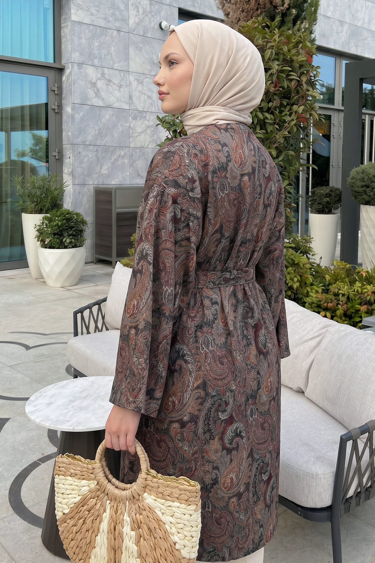 Şal Desenli Uzun Kimono 2397 - KAHVE |  