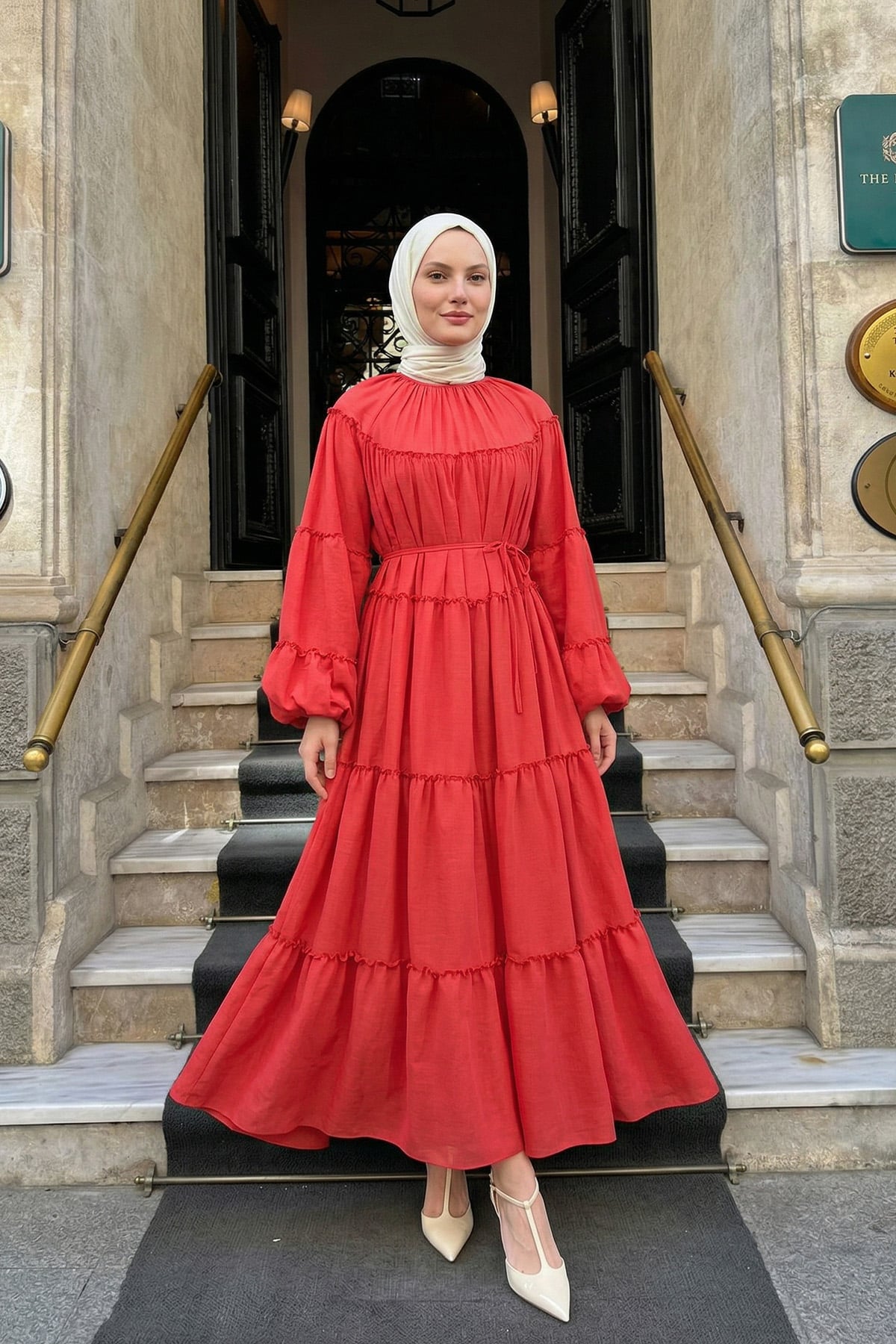 Şifon Fırfırlı Elbise Y0063 - KIRMIZI | zenne.com 