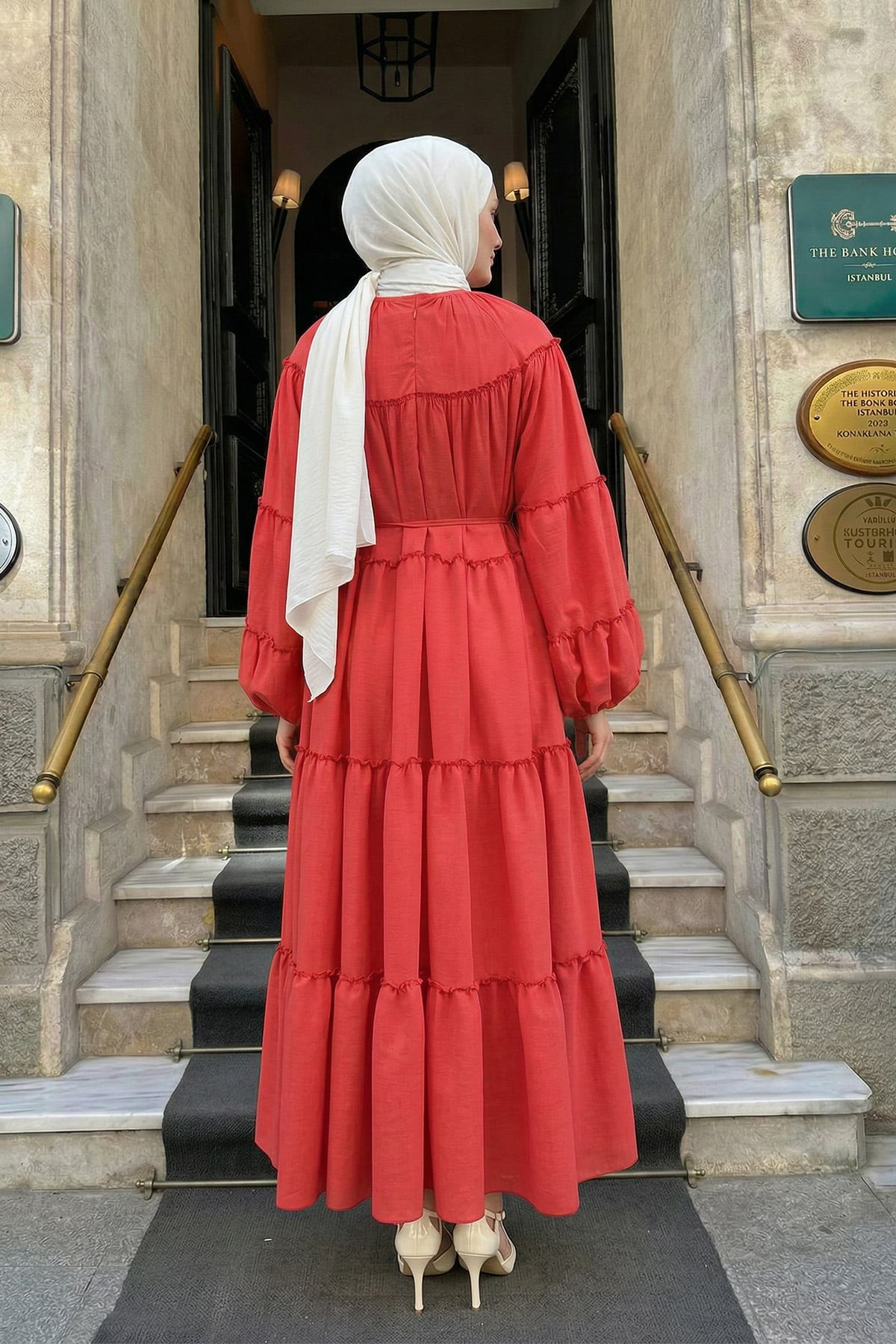 Şifon Fırfırlı Elbise Y0063 - KIRMIZI | zenne.com 