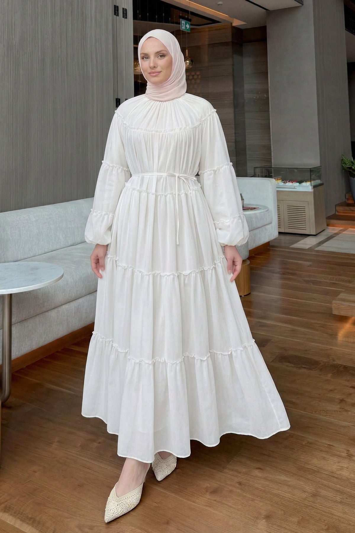 Şifon Fırfırlı Elbise Y0063 - BEYAZ |  