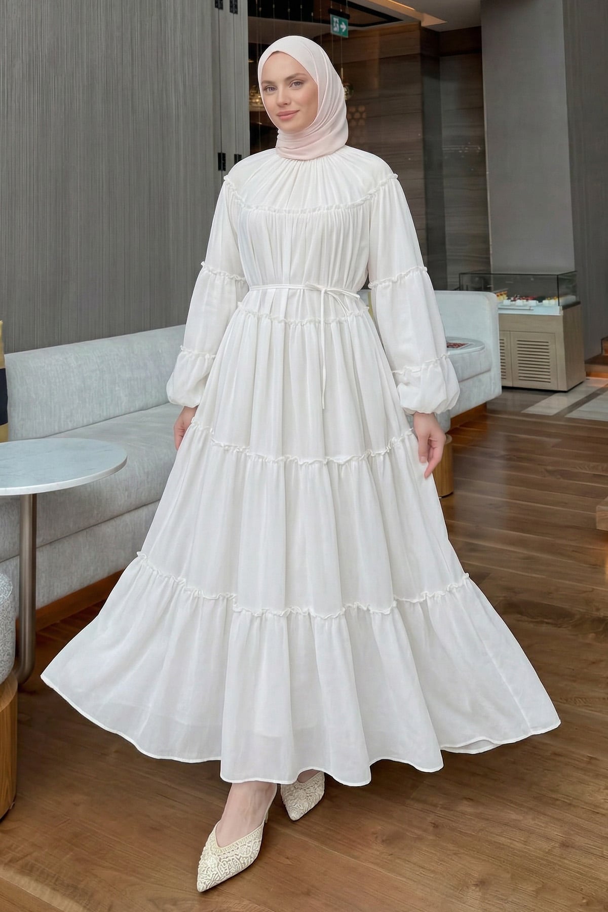 Şifon Fırfırlı Elbise Y0063 - BEYAZ |  