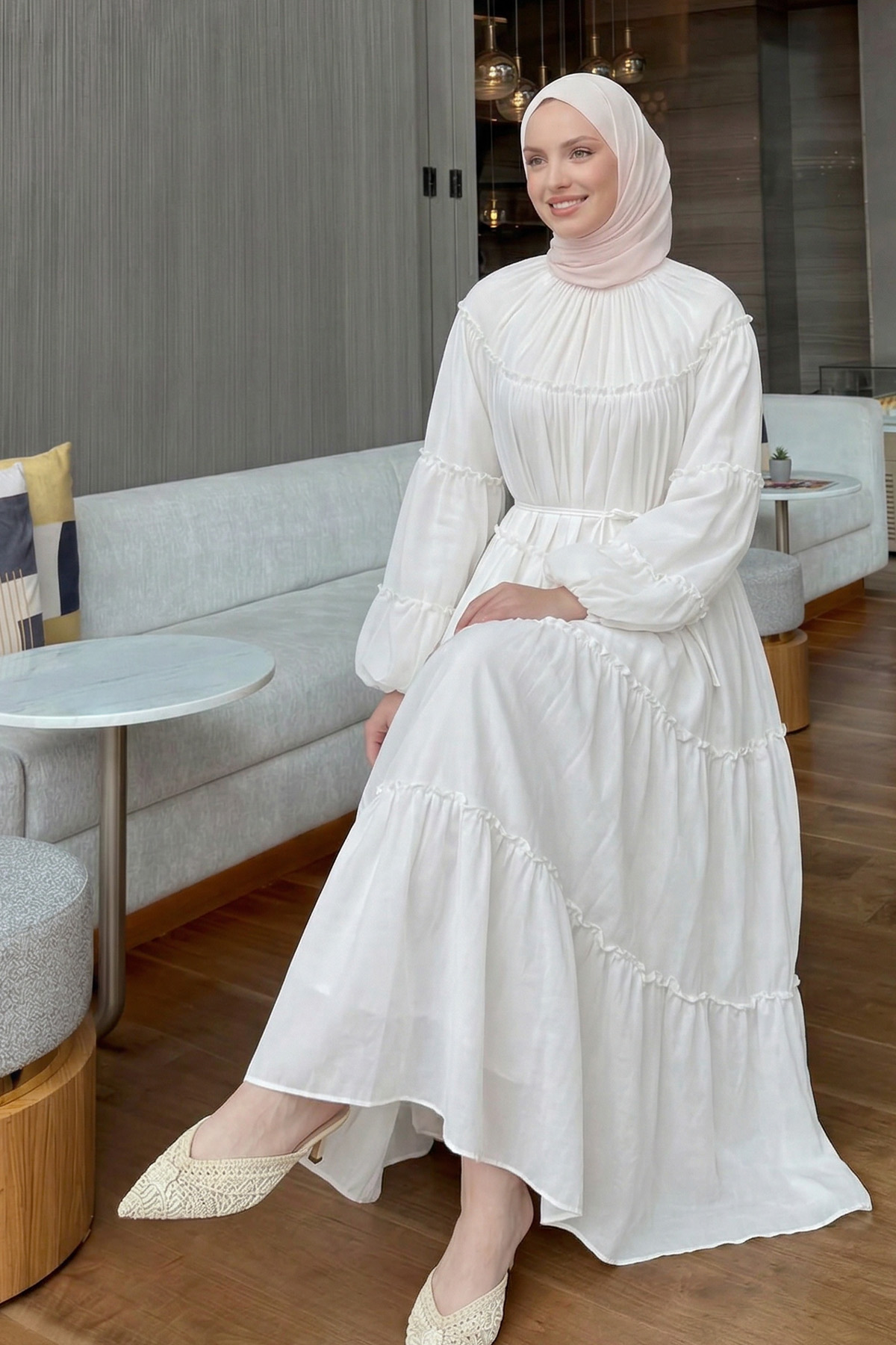 Şifon Fırfırlı Elbise Y0063 - BEYAZ |  