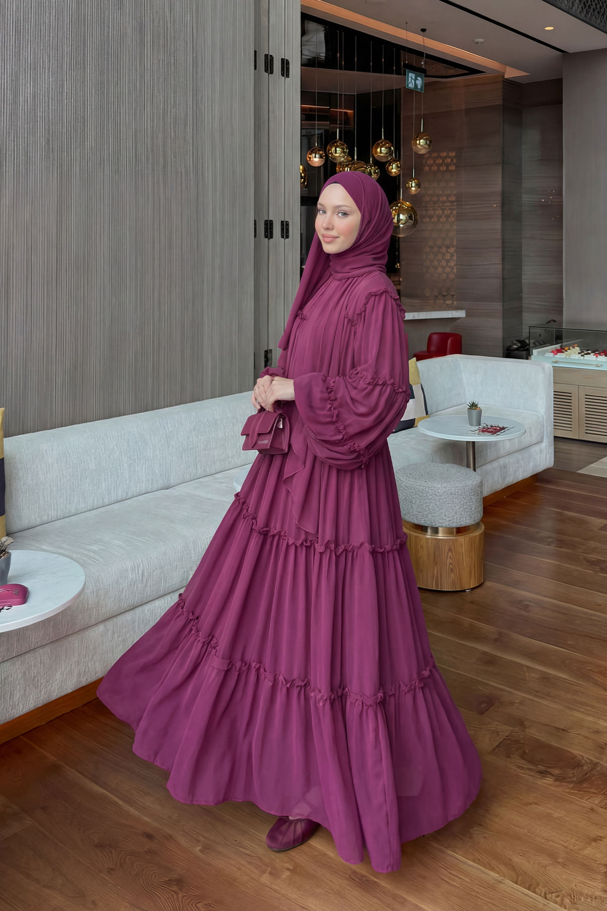 Şifon Fırfırlı Elbise Y0063 - MÜRDÜM |  