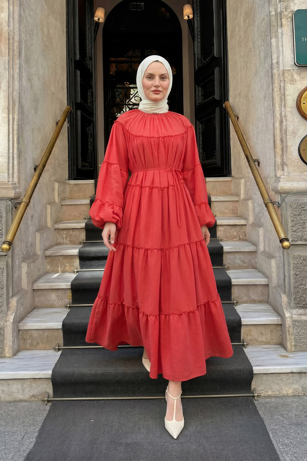 Şifon Fırfırlı Elbise Y0063 - NAR ÇİÇEĞİ |  