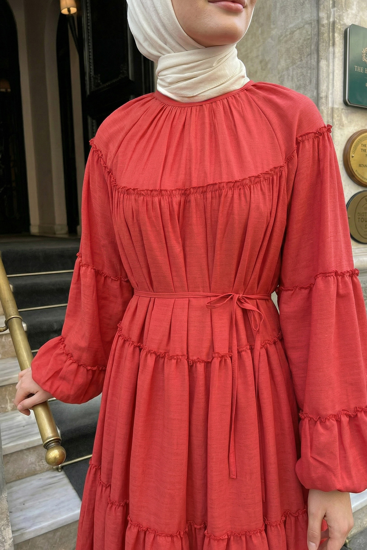 Şifon Fırfırlı Elbise Y0063 - NAR ÇİÇEĞİ |  