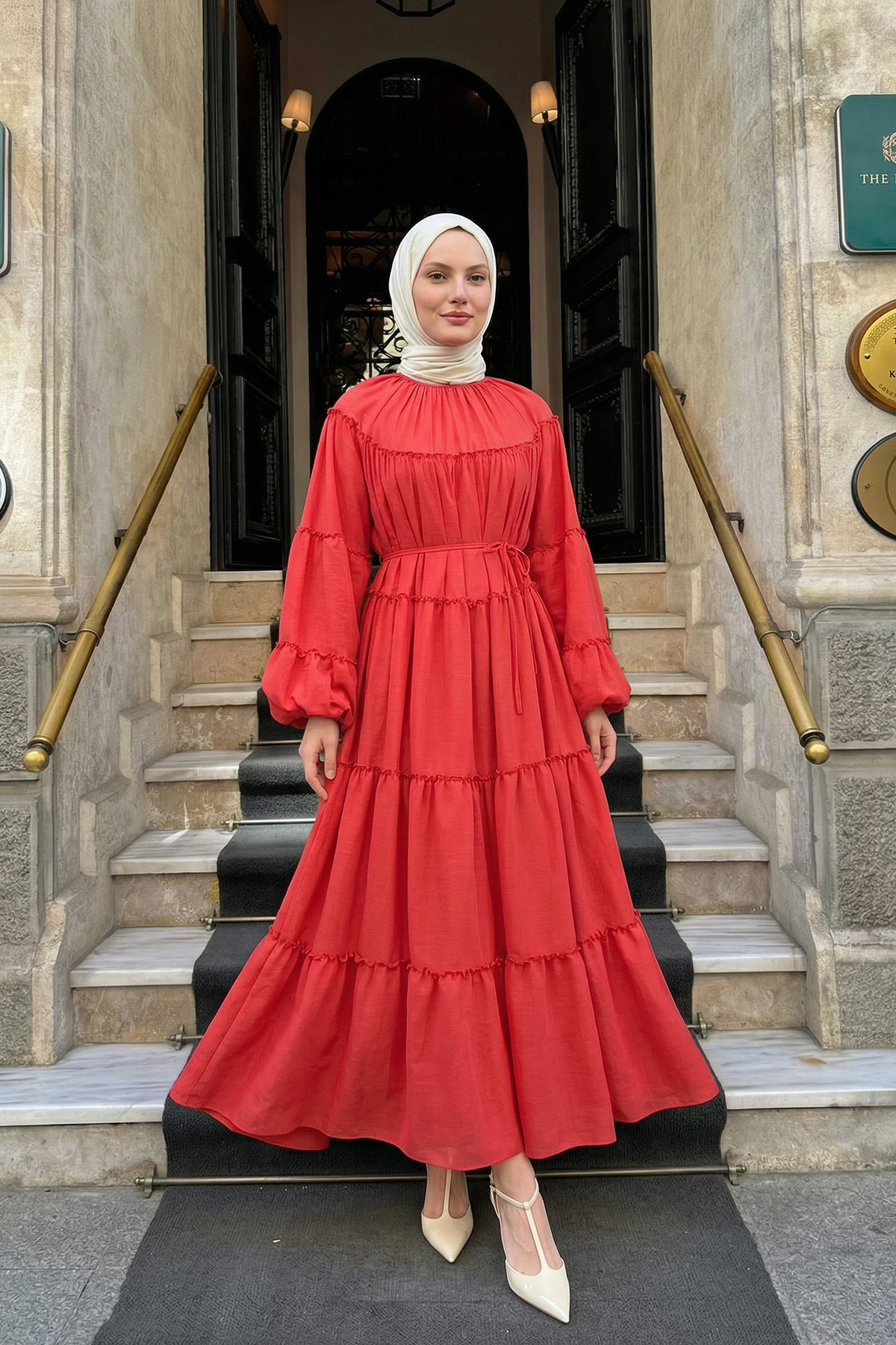 Şifon Fırfırlı Elbise Y0063 - NAR ÇİÇEĞİ |  