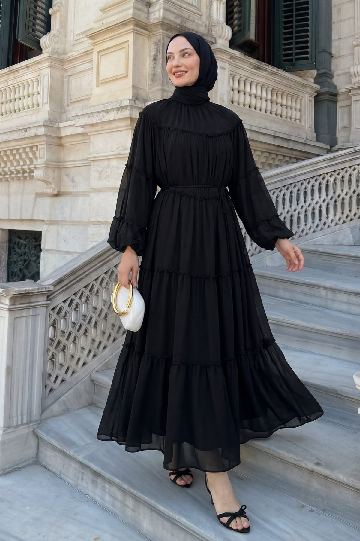 Şifon Fırfırlı Elbise 9886 - SİYAH |  