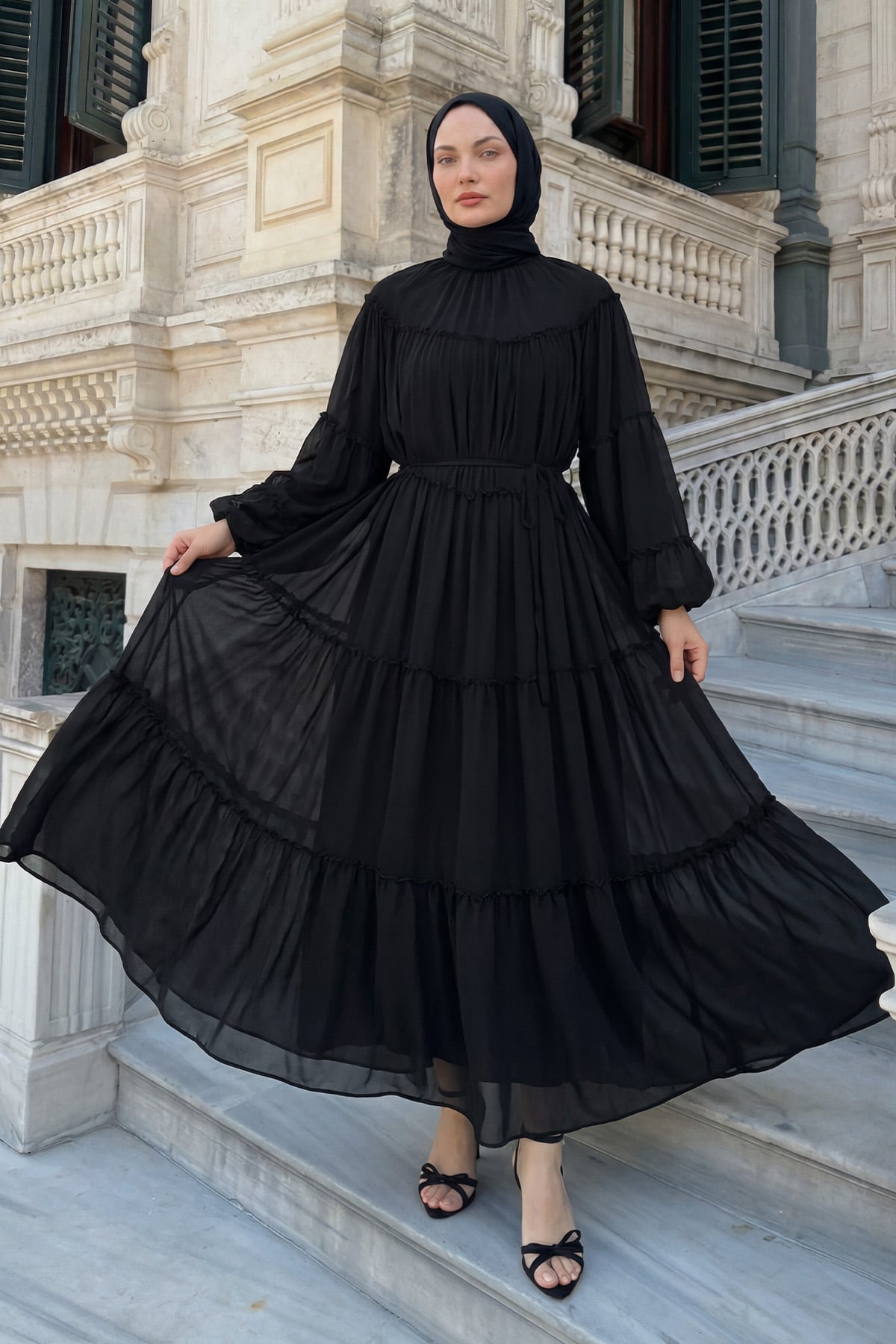 Şifon Fırfırlı Elbise 9886 - SİYAH |  